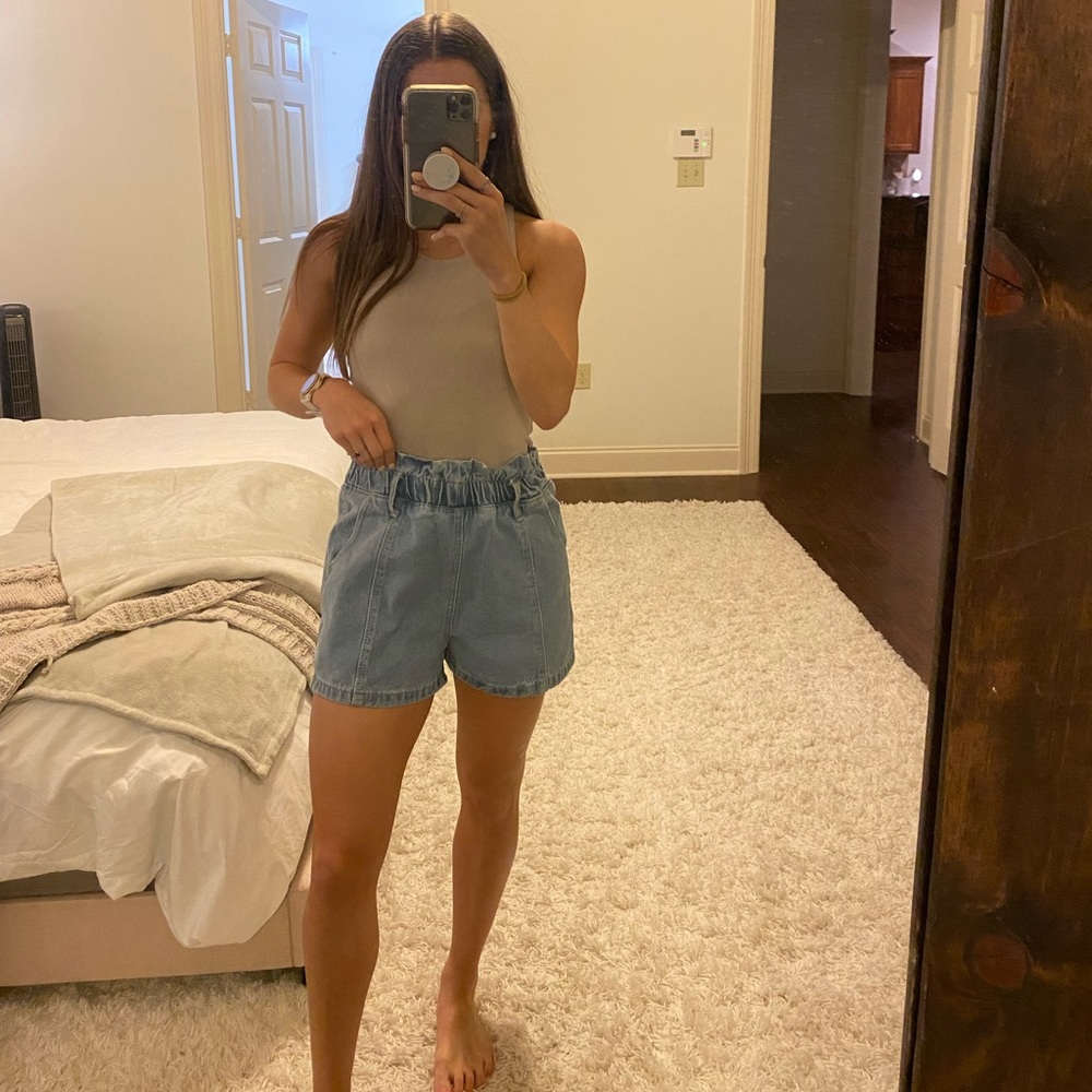 High Waisted Paper Bag Blue Jean Shorts